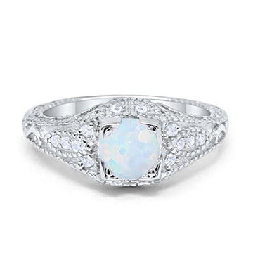 Vintage Design Solitaire Wedding Ring Lab Created White Opal 925 Sterling Silver